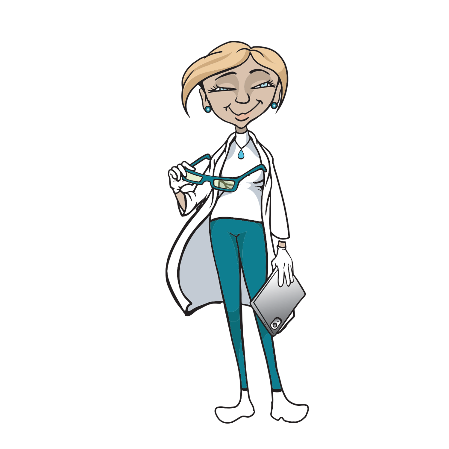 Mrs.X mit Brille und Tablett in der Hand