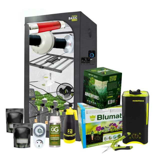 Growbox Komplettset Konfigurator 120xa120 auf Erde für bis zu 16 Pflanzen. Mit LED Grow Lampe, Growbox, Abluft Set und Grow Zubehör.