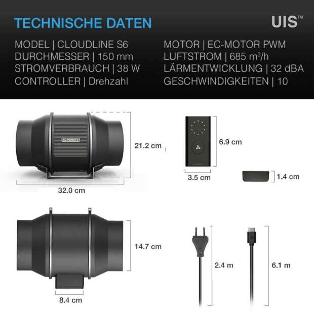 AC Infinity CLOUDLINE S6 | leises Inline-Lüftersystem mit Drehzahlregler | Ø 150 mm | 683 m³/h