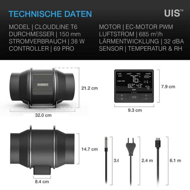 AC Infinity CLOUDLINE T6 | leises Inline-Lüftersystem mit Temperatur- und Feuchtigkeitssteuerung | Ø 150 mm | 683 m³/h