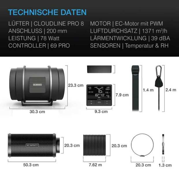 AC Infinity Luftfilter-Set PRO Ø 200 mm | Inline-Ventilator mit Smart Controller und Aktivkohlefilter | 1371 m³/h