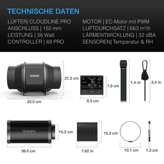 AC Infinity Luftfilter-Set PRO Ø 150 mm | Inline-Ventilator mit Smart Controller und Aktivkohlefilter | 683 m³/h