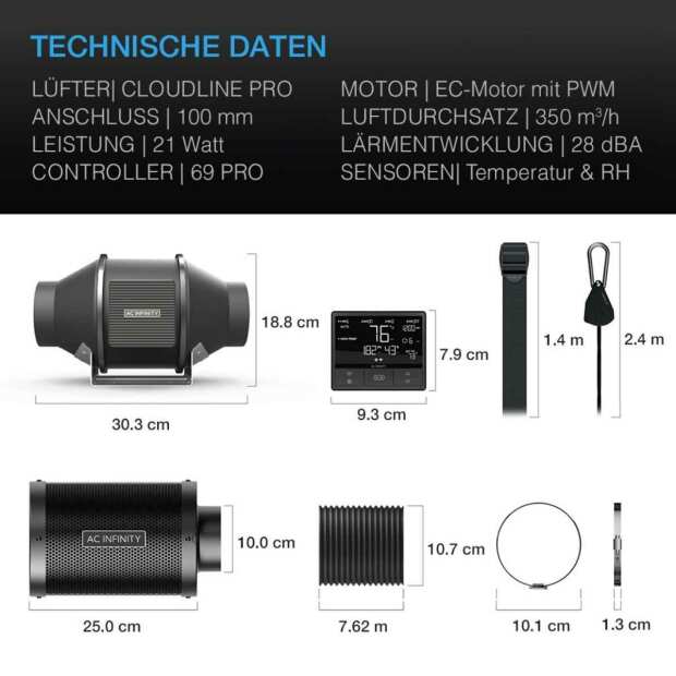 AC Infinity Luftfilter-Set PRO 100 mm | Inline-Ventilator mit Smart Controller und Aktivkohlefilter