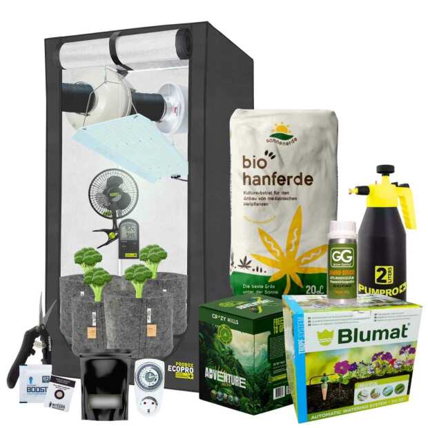 Growbox Komplettset Konfigurator für Anfänger auf Erde für 1 bis 9 Pflanzen. Mit LED Grow Lampe, Growbox, und Abluft Set.