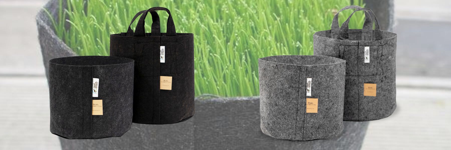 Root Pouch Stofftöpfe in den Farben grau und schwarz.