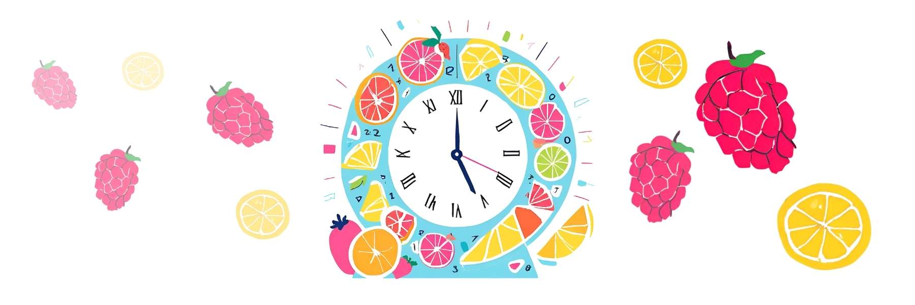 Illustration einer Uhr und gefriergetrockneten Früchten 