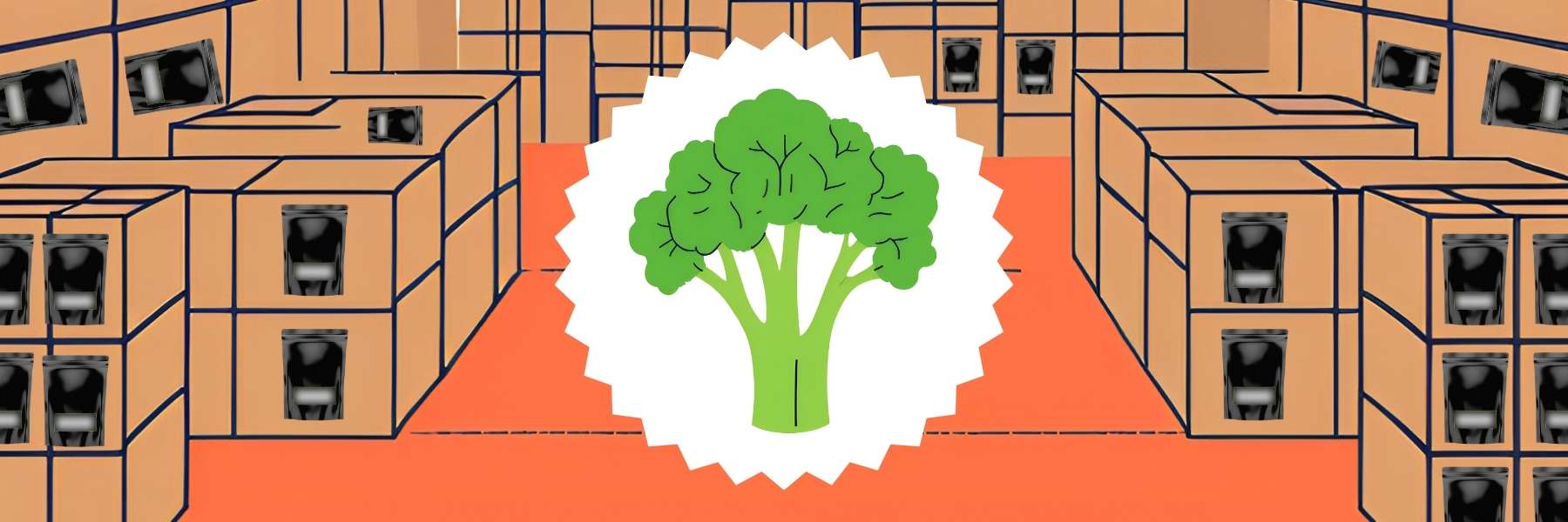 Grafik von Brokkoli in einem Lager mit Kartons und Grove Bags