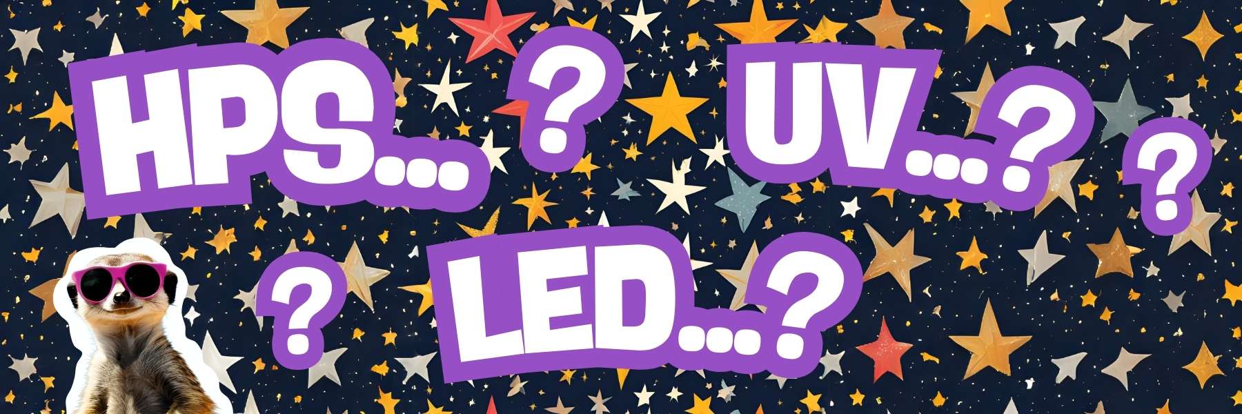 LED HPS und UV Schrift vor einer Sternenwand mit Fragzeichen dazwischen